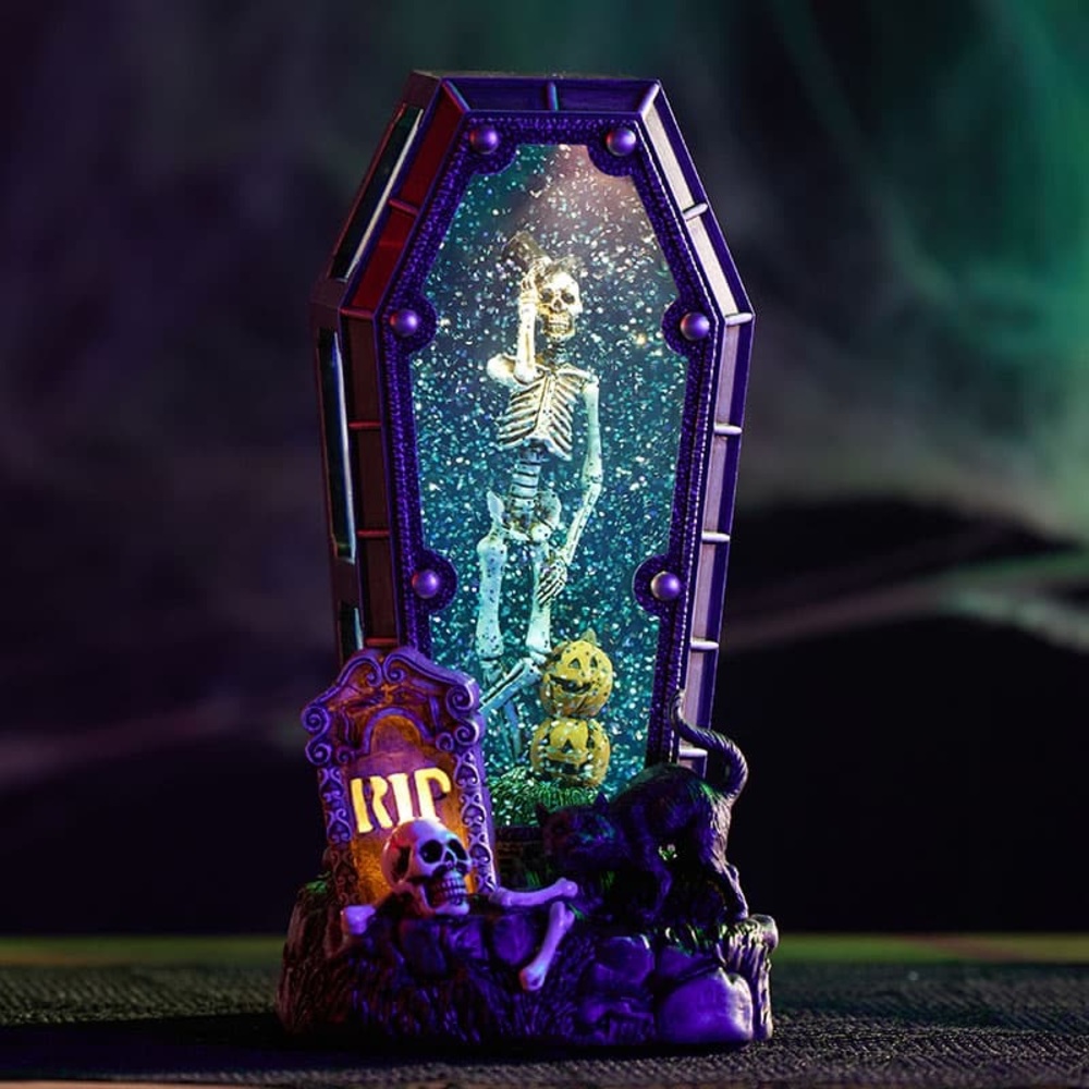 NEW Cracker Barrel Skeleton Halloween Casket Light Up Glitter Globe
